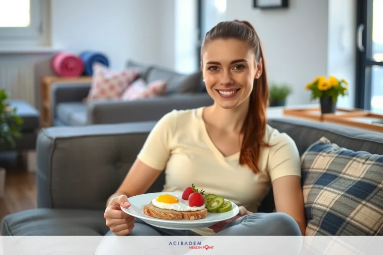 Image of a woman in a cozy living room, enjoying a plate with toast, eggs, and fruit. The setting is warm and inviting with comfortable furniture and homely decor.