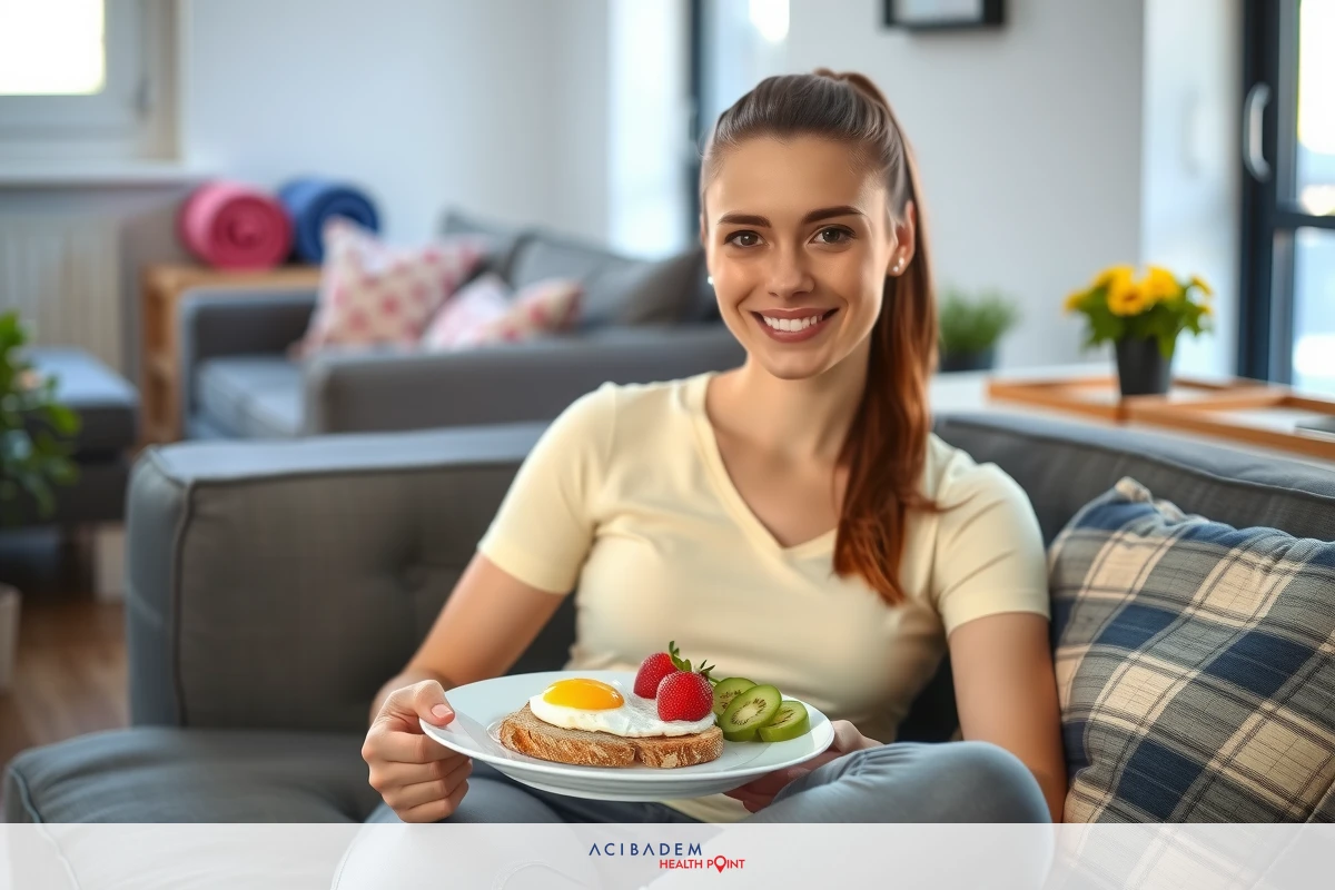 Image of a woman in a cozy living room, enjoying a plate with toast, eggs, and fruit. The setting is warm and inviting with comfortable furniture and homely decor.