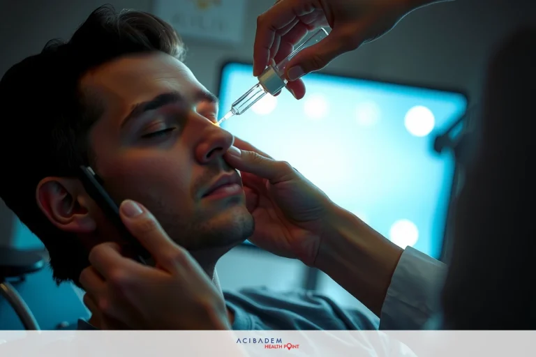 The image depicts a scene from a medical setting where a man is receiving treatment. He appears to be lying down with his head resting on a support, likely for comfort and ease during the procedure.