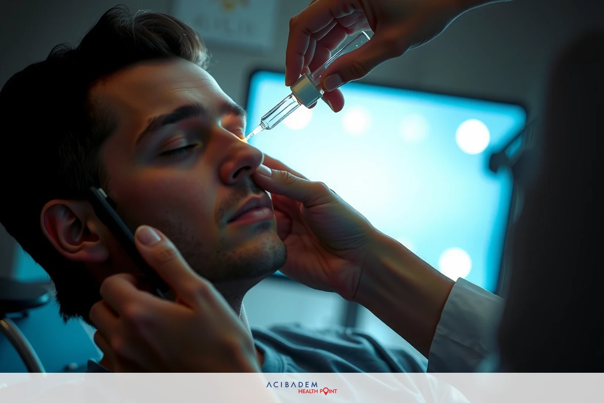 The image depicts a scene from a medical setting where a man is receiving treatment. He appears to be lying down with his head resting on a support, likely for comfort and ease during the procedure.
