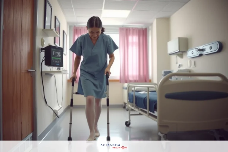 The image depicts a female dressed in scrubs, using crutches to walk down the hallway of a hospital room. The environment suggests a sterile and medical setting with beige walls and equipment such as beds and monitors visible. The colors are muted, emphasizing the clinical nature of the scene.