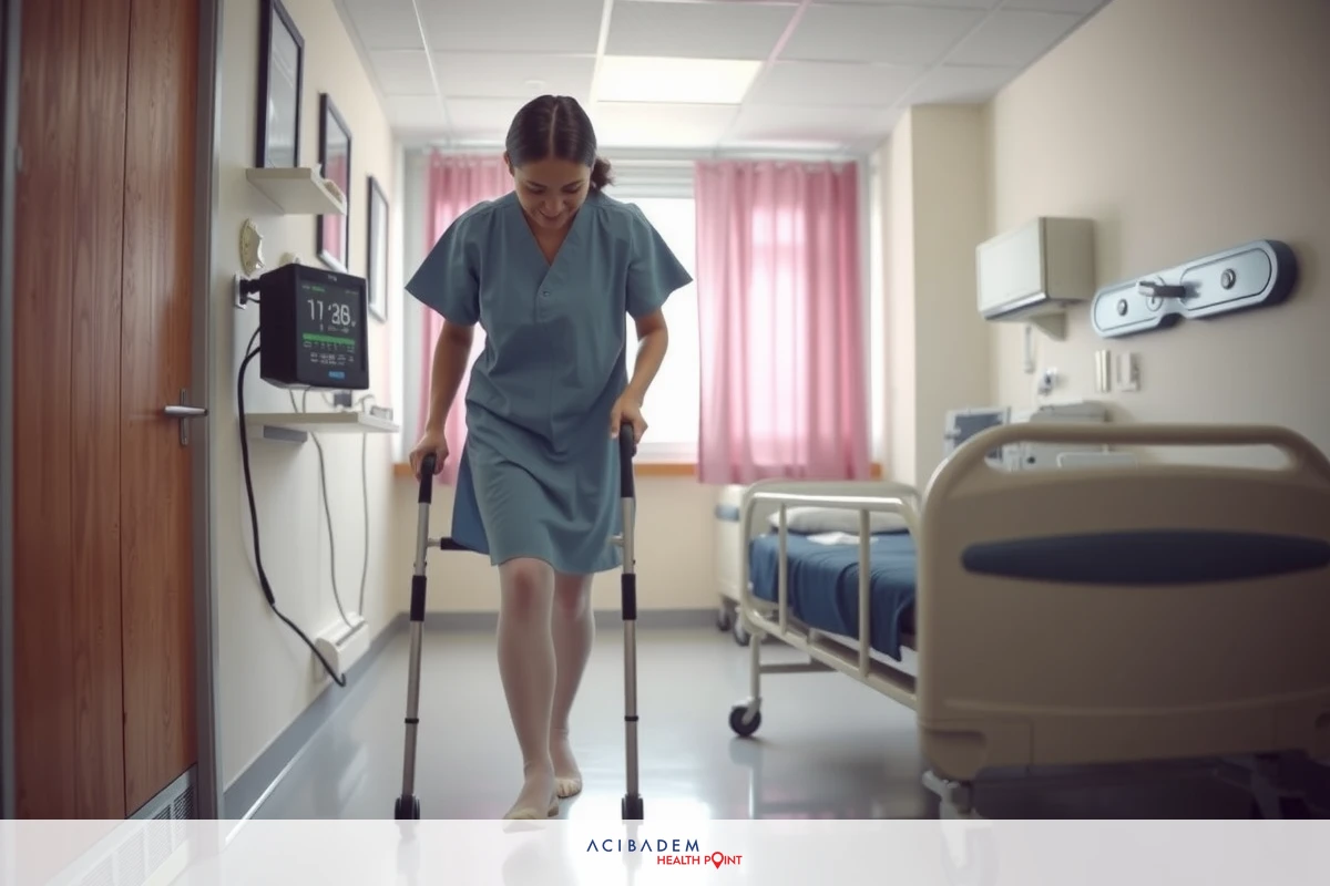 The image depicts a female dressed in scrubs, using crutches to walk down the hallway of a hospital room. The environment suggests a sterile and medical setting with beige walls and equipment such as beds and monitors visible. The colors are muted, emphasizing the clinical nature of the scene.