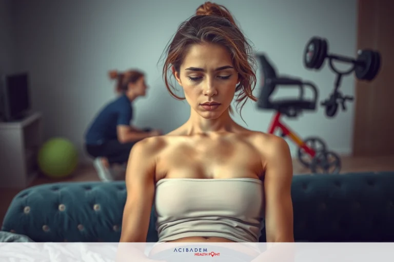 The image shows a woman sitting on a couch, looking down with a concerned or contemplative expression. She is wearing a white top and appears to be indoors. In the background, there's another person standing near a piece of exercise equipment, suggesting they might be in a home gym setting. The environment suggests a casual, possibly domestic scene.