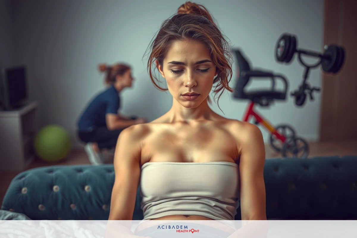 The image shows a woman sitting on a couch, looking down with a concerned or contemplative expression. She is wearing a white top and appears to be indoors. In the background, there's another person standing near a piece of exercise equipment, suggesting they might be in a home gym setting. The environment suggests a casual, possibly domestic scene.