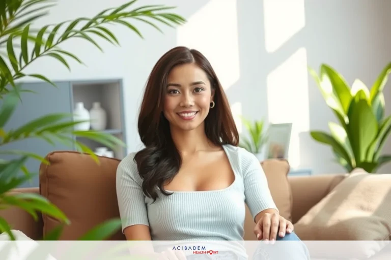 BBL Removal Surgery A smiling woman in a cream-colored blouse, sitting comfortably on a brown couch with her legs crossed. The room has light flooring and plants that add to the inviting atmosphere.