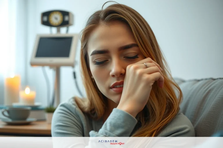The image features a young woman with her hands up to her face, appearing distraught. She is sitting on a couch in an indoor setting. The background suggests she may be at home or a clinical environment. The color palette consists of soft pastel tones. Her expression conveys concern and sadness.