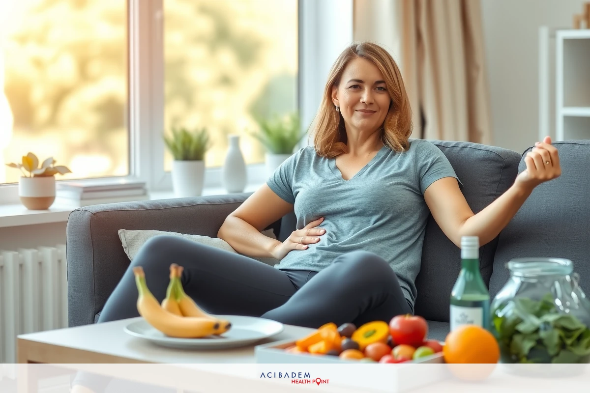 A woman sitting on a couch with a plate of fruit in front of her, wearing sportswear and smiling at the camera. The room is brightly lit, suggesting it could be morning or afternoon.