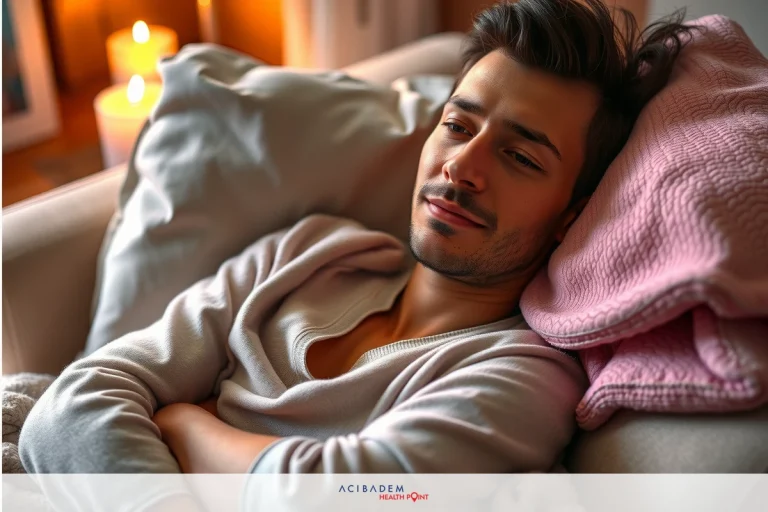How Much Swelling Goes Down After Rhinoplasty The image shows a man lying on a couch in an indoor setting. He is wearing gray sweatpants and has his arms crossed over his chest.