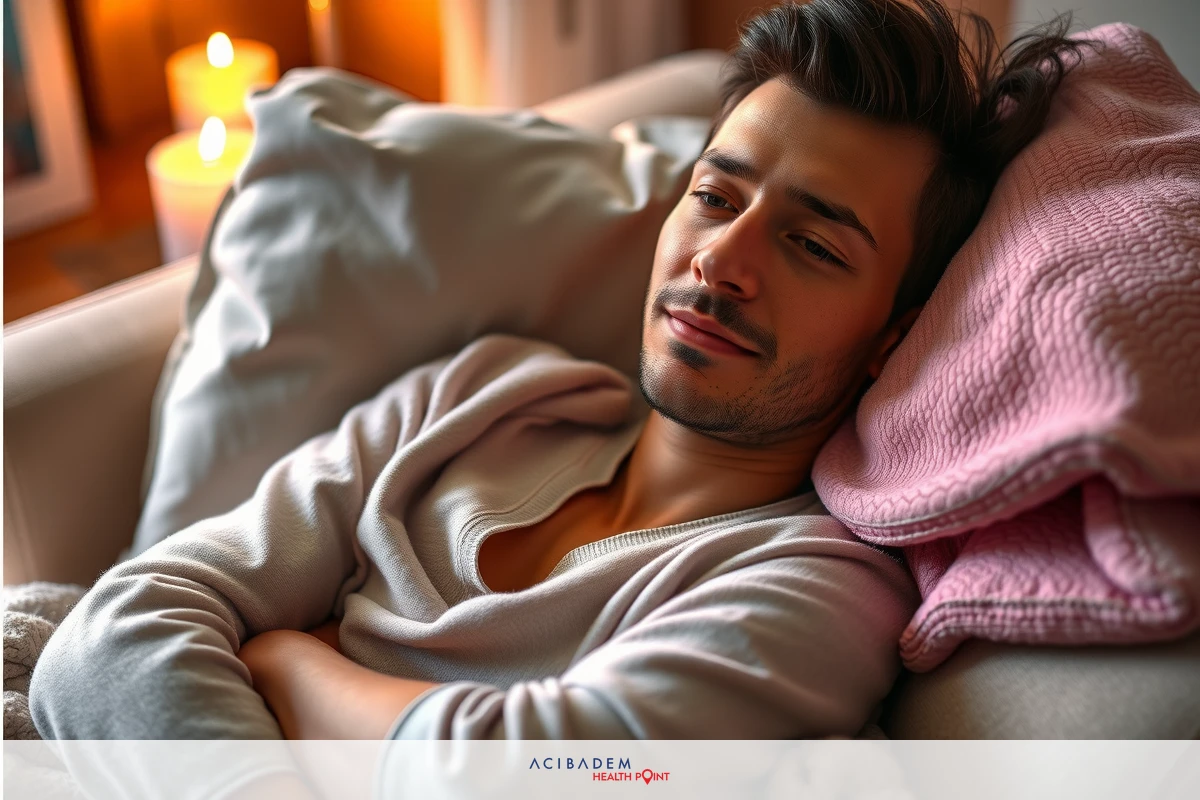 The image shows a man lying on a couch in an indoor setting. He is wearing gray sweatpants and has his arms crossed over his chest.