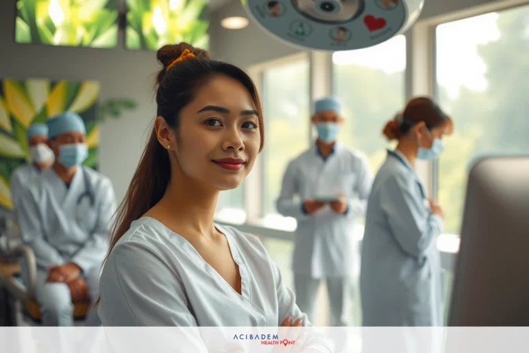 Woman wearing a white coat and red lipstick, standing confidently amidst medical personnel in a modern well-lit facility. In the background, professional healthcare workers wearing masks are visible.