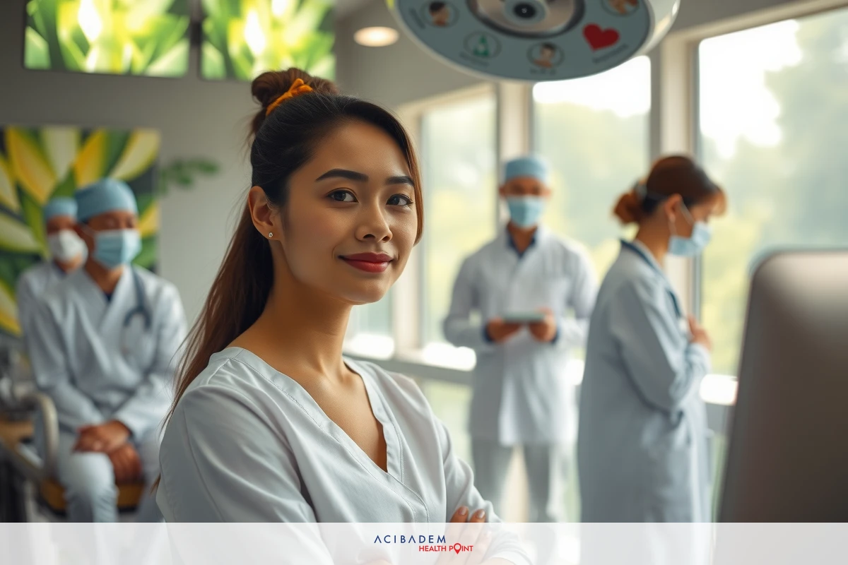 Woman wearing a white coat and red lipstick, standing confidently amidst medical personnel in a modern well-lit facility. In the background, professional healthcare workers wearing masks are visible.