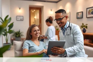 Digital tablet between two people, possibly a doctor and patient, in modern office setting with contemporary furnishings and personal touches like potted plants.