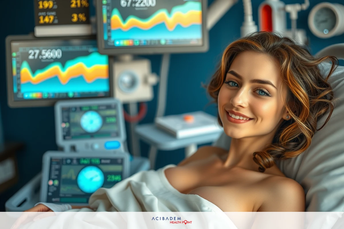 The image shows a young woman lying in a hospital bed, smiling and looking directly at the camera. She is hooked up to various medical monitors and machines, suggesting she is in a critical care or intensive care unit setting. The environment appears sterile and equipped for patient monitoring and treatment.