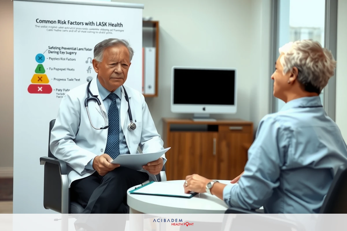 Image features two individuals seated at a table, one of whom is a medical professional wearing a white coat with stethoscope around neck. The other individual appears to be discussing their health with the doctor.