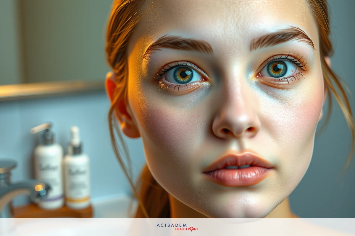 The image features a close-up of a woman with fair skin, freckles and striking blue eyes. Her expression is neutral. She appears to be in an indoor setting, as suggested by the sink visible at her right side.