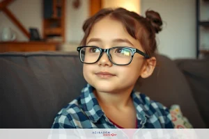 The image depicts a young girl wearing glasses. She is seated on a couch and looking to the side with a gentle smile.