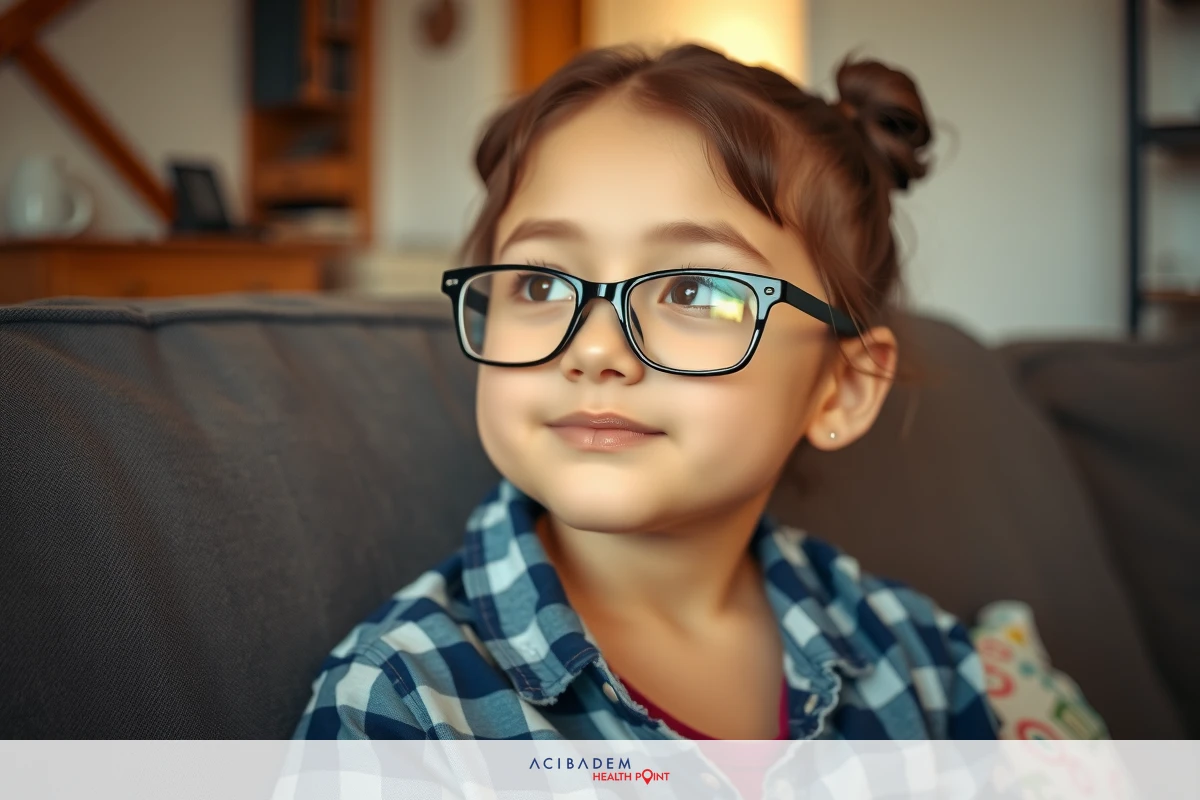 The image depicts a young girl wearing glasses. She is seated on a couch and looking to the side with a gentle smile.