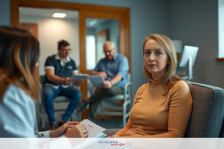 Medical professionals in an examination room, observing a female patient. A focus on physical health assessment. Environment is clinical with neutral tones. There are two more people sitting or waiting behind them.