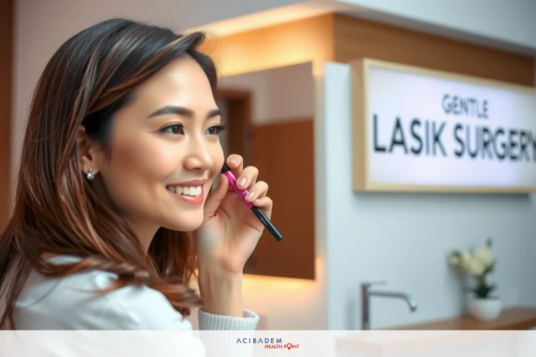 Woman wearing white sweater sitting at desk with pen in hand, smiling and looking towards camera. She is in an office environment with sign for 'GENTLE LASIK SURGERY' behind her.