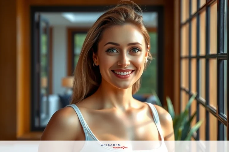 A woman is smiling at the camera with natural lighting illuminating her face. She has short hair and is wearing a white top, which contrasts nicely against the darker tones of the room behind her. Her relaxed posture and genuine smile convey a sense of approachability and warmth.