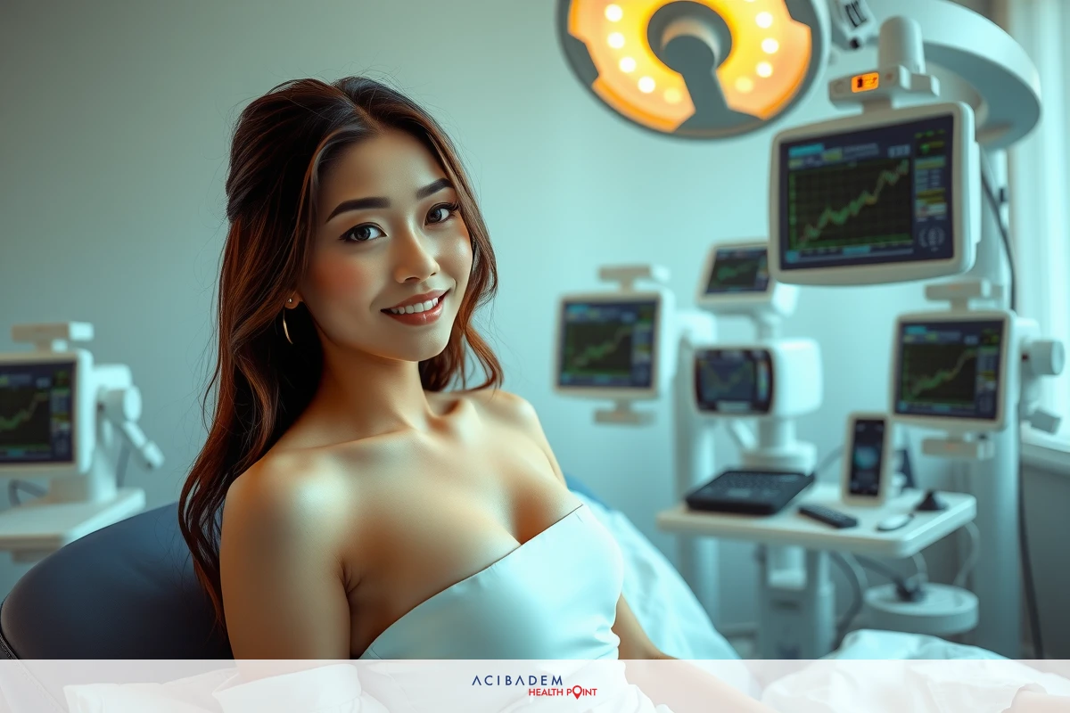 The image features a woman sitting in what appears to be a modern medical setting. She is wearing a white top and has a friendly smile on her face. The environment includes several monitors displaying graphs, which suggests the context might be related to healthcare or patient monitoring.