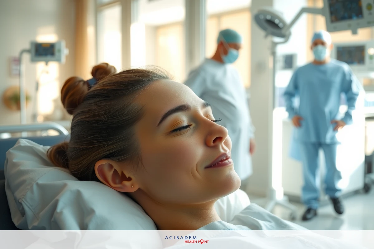 The image shows a woman lying in a hospital bed. She has a medical team attending to her with medical equipment around her.