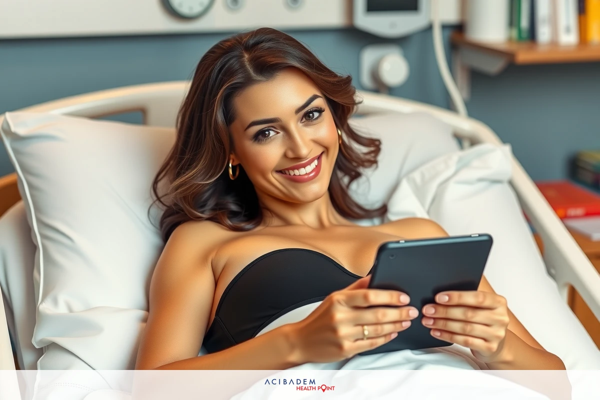 The image shows a young woman lying in a hospital bed, smiling as she looks at her tablet. She's wearing casual clothes and has a relaxed posture, suggesting that she is comfortable and possibly enjoying some downtime or entertainment during her stay in the hospital.