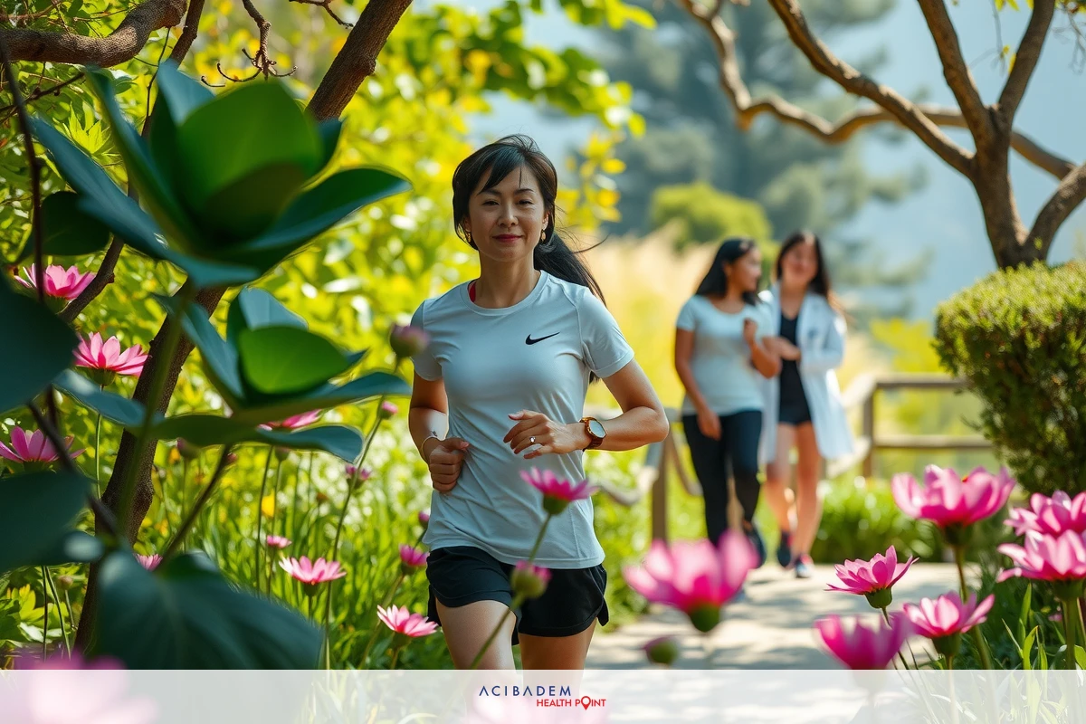 The image depicts a woman jogging on a path surrounded by blooming flowers, possibly lotuses. She is wearing sportswear and has her hair pulled back, giving the impression of an active lifestyle. The environment suggests a peaceful setting, likely a park or garden. There are other people in the background who appear to be walking along the same path.