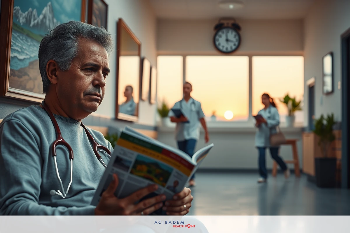 In the image, a male doctor is seated in an office setting at sunset. He is dressed professionally in a white lab coat and appears to be reading a magazine or book related to medicine.