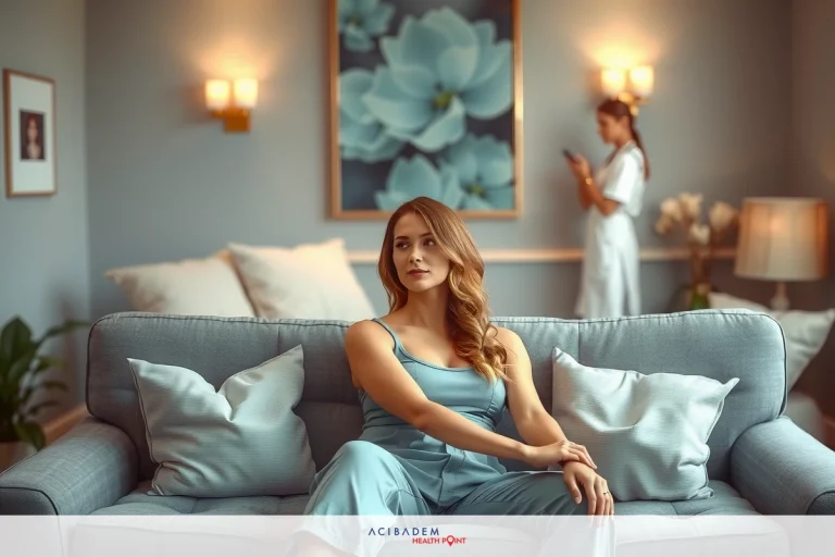 BBL Surgery Cost Arkansas Image features a woman sitting on a couch in an upscale living room. She is wearing a sleeveless light blue dress and looks relaxed with her legs open. The background suggests a luxurious setting, possibly a hotel suite, with additional seating and a large piece of artwork visible.