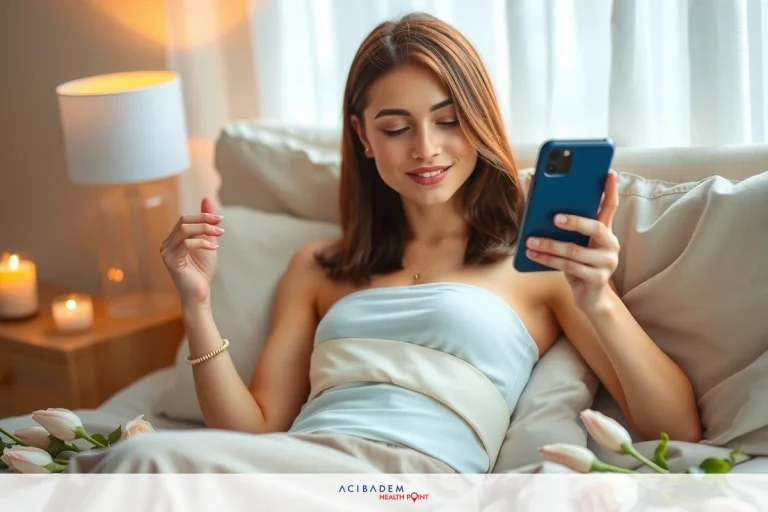 The image depicts a woman lying in bed, using her phone. She is wearing a sleeveless top and appears to be smiling at the screen of her device. There are flowers on the table beside her, suggesting a comfortable and relaxed setting.