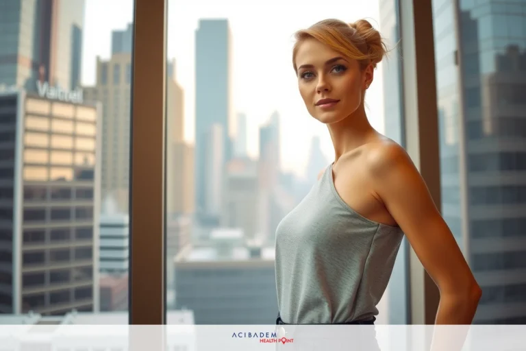 A woman standing in an office setting with a city skyline view, wearing a sleeveless top and high-waisted pants.