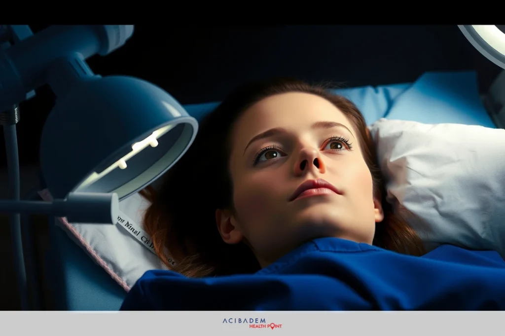 Can Coughing Ruin Rhinoplasty? The image depicts a young woman lying down on an examination table within what appears to be a medical setting. She is wearing a hospital gown and there are medical tools, suggesting that she is receiving a medical examination or procedure.