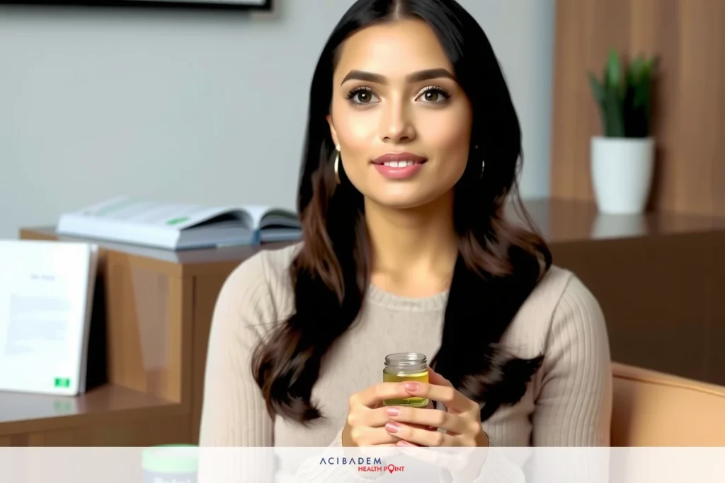 Can I Take Arnica Before Rhinoplasty? A woman sitting in a modern office, dressed in a smart casual outfit with a cup. She appears engaged in conversation. The office has neutral tones and is equipped with contemporary furniture.