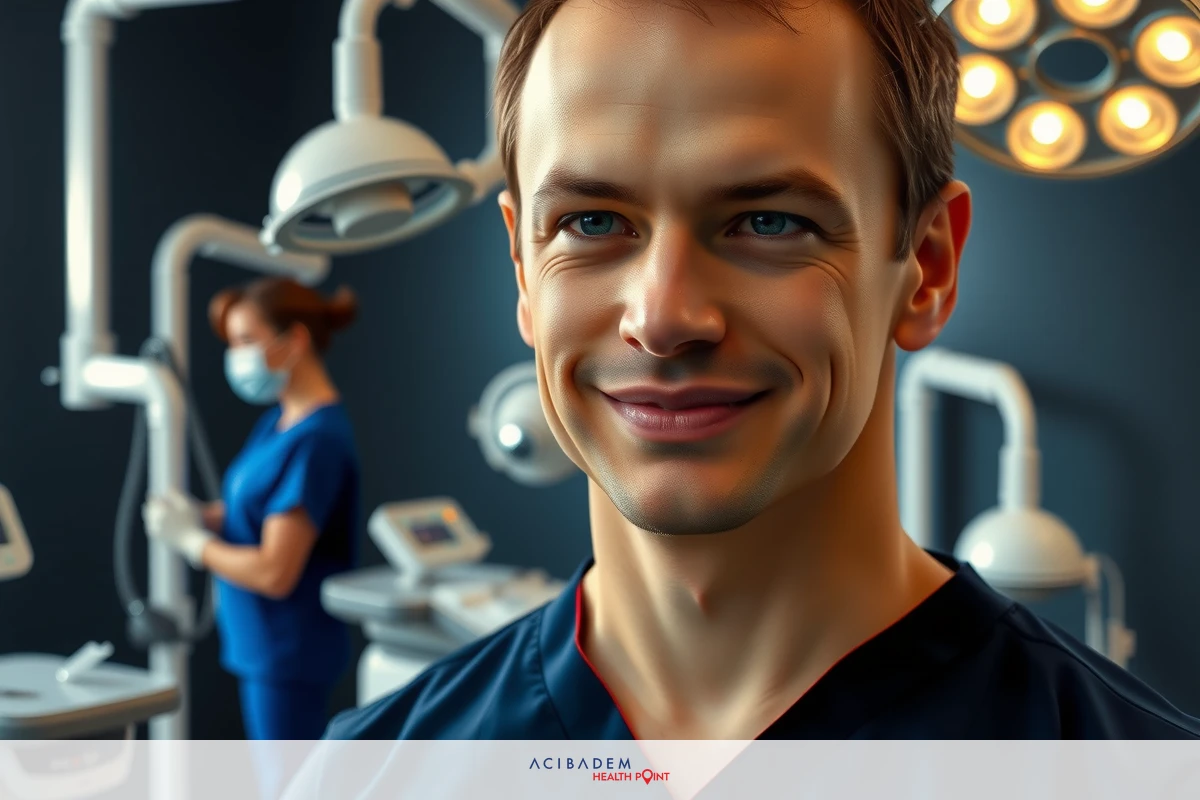 Professional clothes, probably a surgeon, a well -illuminated medical office man smiling and posing for the camera. Another health worker stands in the back, probably nurse or doctor.