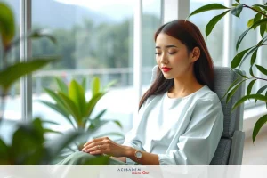 A woman in a white shirt is sitting on the couch and looking out the window. She is wearing a watch and has long hair. Behind her, there are potted plants which contribute to the serene indoor setting. The lighting suggests it's daytime.