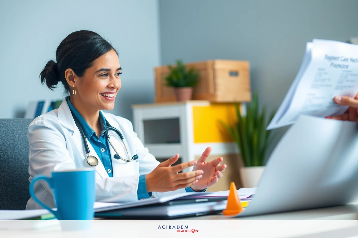 The image shows a professional setting with a female doctor wearing a white coat. She is seated behind an office desk, engaged in what appears to be a conversation with a patient or colleague across the desk. The environment suggests a clinical or medical office space. There are documents and folders on the desk, indicating work-related tasks being carried out.