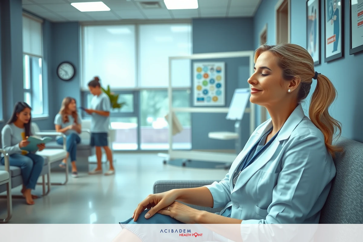 Doctor in a white coat sitting with legs crossed, smiling at a patient. In the background, there are other patients and medical equipment.
