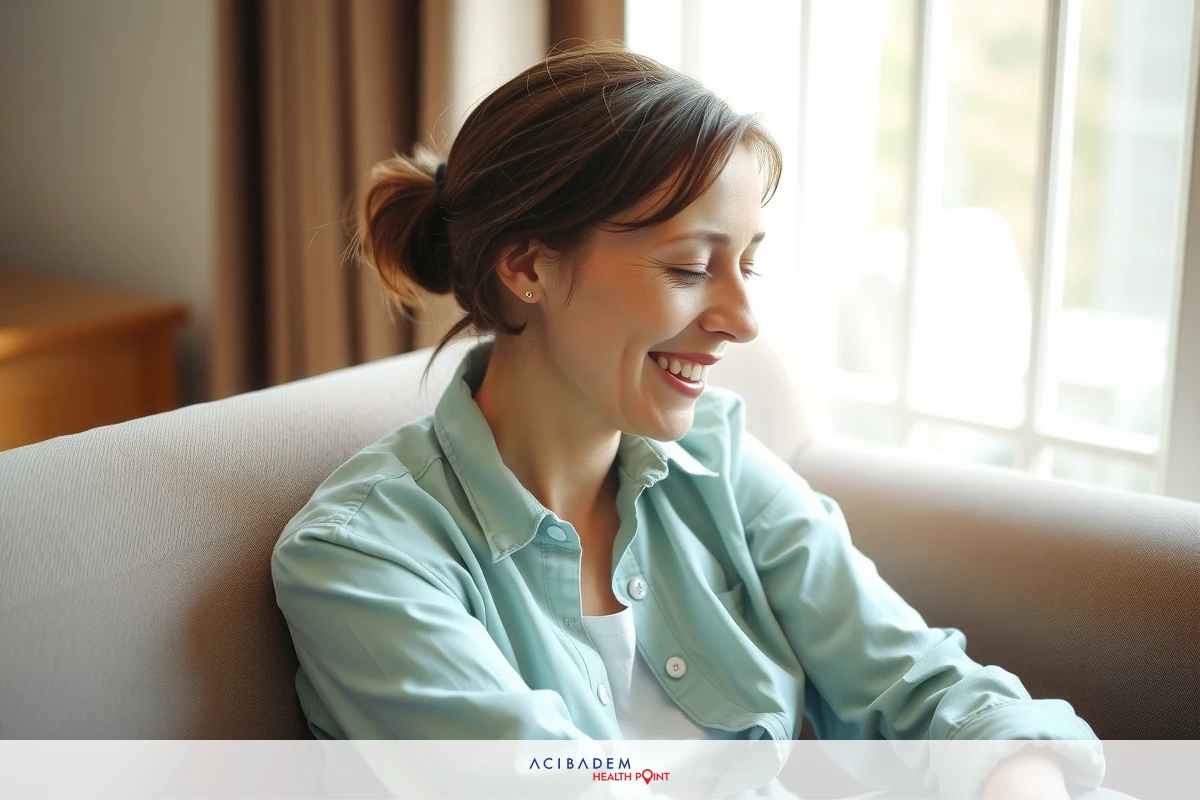A woman is sitting on a couch in a bright room, smiling. She wears a blue shirt and appears to be looking out of a window or at something off-camera. The setting suggests a warm, comfortable living space.