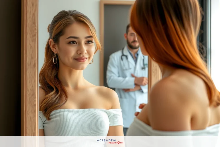 A young woman in a white blouse mirrors herself while a doctor examines her. The setting appears to be a professional medical office with neutral tones and natural lighting.