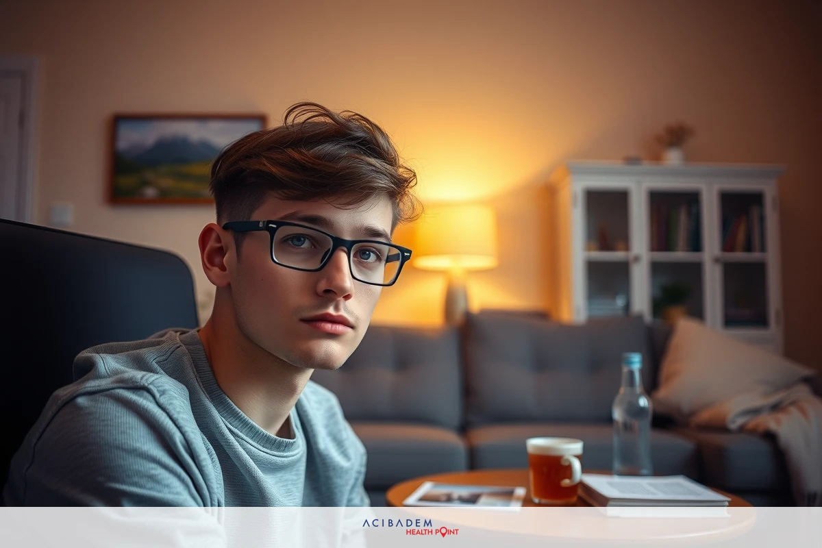 In this image, a young man with glasses is sitting in what appears to be a cozy living room. He's dressed casually in a grey sweatshirt.