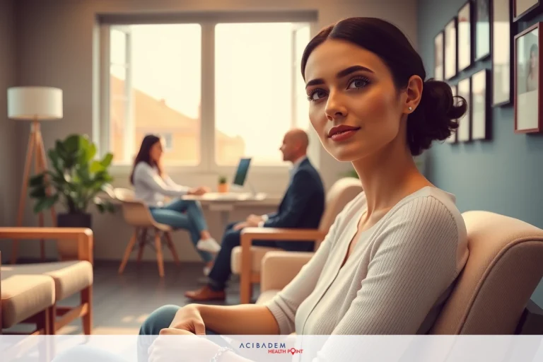 The image depicts a modern office environment with two individuals, one seated and the other standing. A young woman in casual attire is sitting on a couch, looking off to the side with a calm expression.