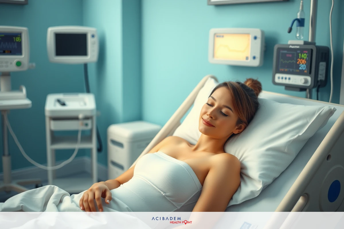 The image shows a woman lying in a hospital bed. She is wearing a light-colored top and appears to be resting or sleeping with her eyes closed. Her expression is peaceful, suggesting she might be asleep. Surrounding the bed are medical equipment including monitors.