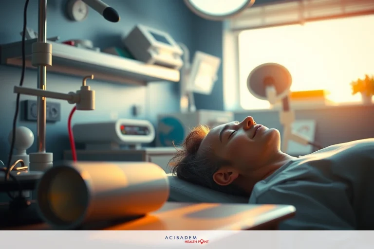 A patient is lying on a hospital bed in a dimly lit room with medical equipment around. The focus is on the person's face, likely for diagnostic or treatment purposes.