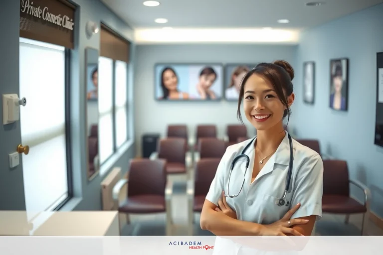 A professional woman in a clinical setting, standing at attention with her arms crossed. She is wearing a white coat that suggests she may be a doctor or healthcare practitioner. The room behind her has posters and photographs on the wall, possibly of patient success stories. The space appears to be an office waiting area.