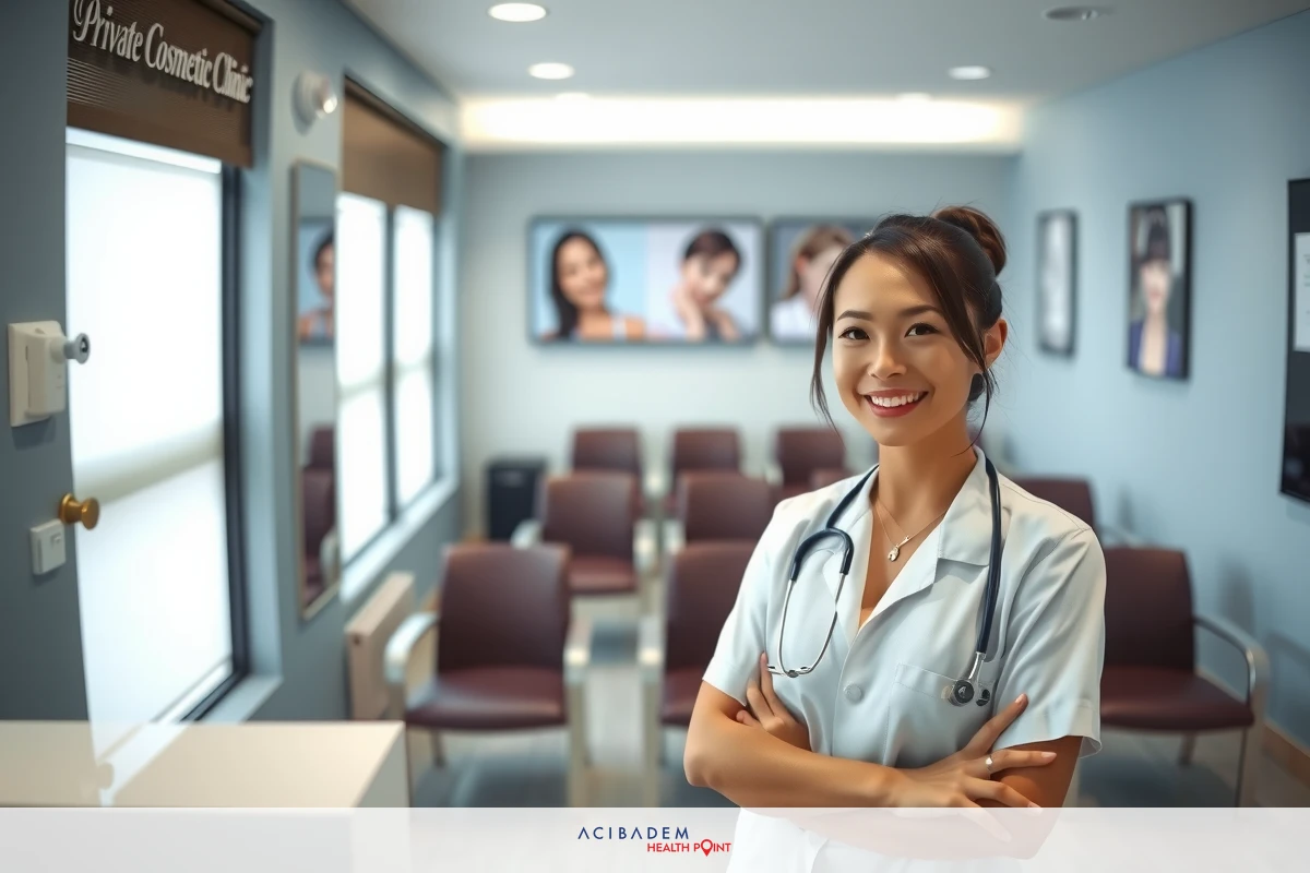 A professional woman in a clinical setting, standing at attention with her arms crossed. She is wearing a white coat that suggests she may be a doctor or healthcare practitioner. The room behind her has posters and photographs on the wall, possibly of patient success stories. The space appears to be an office waiting area.