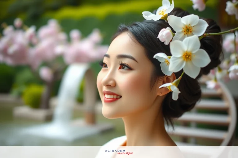 This image portrays a young woman in an outdoor setting. She is smiling and looking towards the camera, with her hair styled upwards, possibly adorned with flowers. His clothes are comfortable but elegant atmosphere. The background contains a calm pond and blooming trees, contributing to a calm and paresque environment.