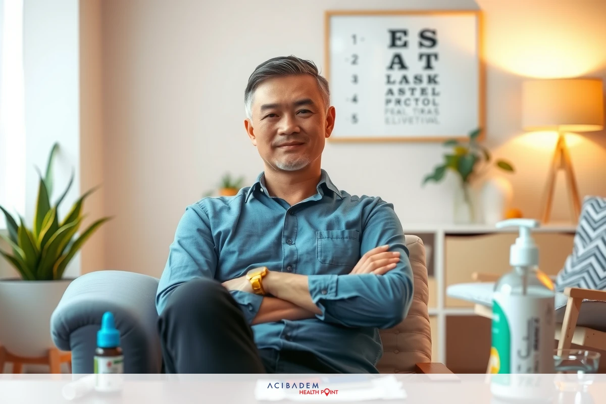 In the image, a man is sitting comfortably on a sofa in what appears to be his living room. He is wearing casual attire and has his arms crossed. His expression is neutral.