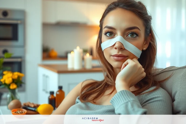 The image shows a woman in what appears to be a domestic setting, possibly a kitchen or living room. She is wearing a bandage over her nose and has a concerned expression on her face. The woman is sitting comfortably on a couch with a warm, inviting ambiance created by soft lighting and homey decorations around the room.