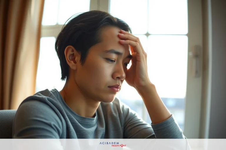 The image shows a young adult male with short hair, wearing a gray sweater. He is seated at a desk with his head resting on one hand, appearing to be deep in thought or possibly experiencing stress. The environment suggests an indoor setting with natural light coming through windows.